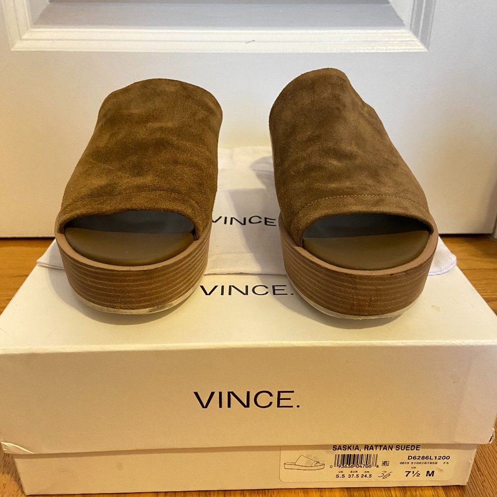 Vince. Saskia Rattan Suede Platform Wedge Sandal